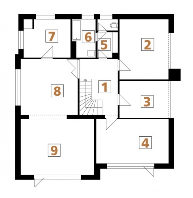 Půdorys patra, současný stav: 1) hala, 2) ložnice, 3) a 4) dětský pokoj, 5) WC, 6) koupelna, 7) kuchyň, 8) jídelna , 9) obývací pokoj.