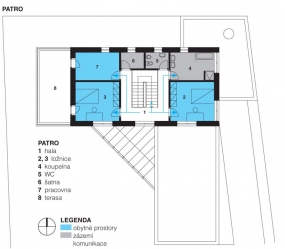 Půdorys patra: 1 hala 2, 3 ložnice 4 koupelna 5 WC 6 šatna 7 pracovna 8 terasa.