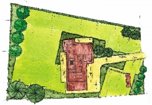 VARIANTA B - PRAVIDELNÁ ZAHRADA: 1 akát (Robinia Sunburst), 2 živý plot z tisu (Taxus Baccata), 3 terasa, 4 rodinný dům, 5 terasa, 6 jedle korejská (Abies koreana), 7 okrasný záhon, 8 trávník, 9 zahradní posezení, 10 příjezdová cesta, 11 Jedle (Abies nordmanniana), 12 borovice (Pinus sylvestris), 13 keřové výsadby, 14 chodníček, 15 myrobalán (Prunus cerasifera Nigra).