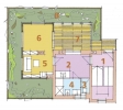 2. PATRO - STŘEŠNÍ NÁSTAVBA: 1 schodiště, 2 hala + kuchyň, 3 koupelna, 4 WC, 5 obývací pokoj, 6 pracovna nebo ložnice, 7 krytá terasa, 8 střešní zeleň.
