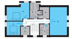Půdorys podkroví: 1) hala 2) šatna 3, 4) ložnice 5) koupelna + WC 6) šatna 7) koupelna + WC 8) pokoj.