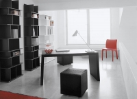 Jednoduše pravoúhlý nábytek, charakteristický pro prostor pracoven, reprezentuje kolekce Master: dřevěný stůl potažený kůží se prodává od 64 400 Kč, policová knihovna Wally v bílém, černém nebo červeném laku stojí od 57 200 Kč (Vyrábí CATTELAN ITALIA, dodává ABITARE).