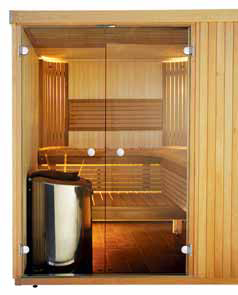 Velké prosklené dveře učiní pobyt v domácí sauně ještě atraktivnějším (FINSKÁ SAUNA).