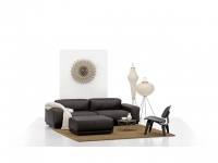 Ukázka rozmístění nábytku v malém obývacím pokoji, nábytek Vitra, design Jasper Morrison, pohovka v několika možných provedeních.