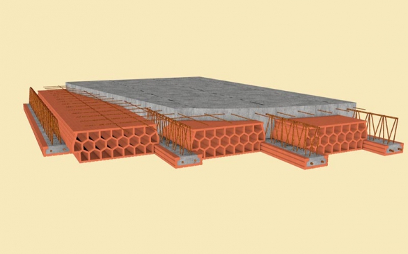 Řez stropní konstrukcí z komponentů KM Beta. Monolitická deska nad tvarovkami musí být před betonáží vyztužena svařovanou sítí kari.