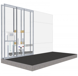 Z hlediska rychlosti výstavby i hmotnosti nových stavebních konstrukcí, vedení vnitřních rozvodů a instalace sanitárního vybavení se jako vhodné řešení jeví suchá montáž instalačních předstěn ze sádrokartonu s podomítkovým systémem Geberit (Rigips).