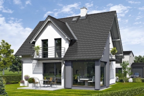 Dům ROMANCE: sedlová střecha, vikýře a balkony jsou prvky typické pro tradiční architekturu, které neztrácejí na oblibě. Zde je však architekt upravil do jednoduché podoby, která je v souznění s moderním designem a spolu s velkými prosklenými plochami a originálními detaily dodává domu svěží vzhled. (CANABA)
