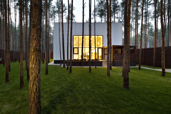 V lesnaté oblasti poblíž Kyjeva prosvítá mezi tenkými kmeny jehličnanů silueta nenápadného šedého domu. Hlavním úkolem architektky bylo co nejvíce spojit život rodiny s přírodou.