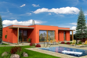 Rodinný dům MINERVA: Moderní ráz stavby jednoduchého tvaru s plochou střechou podtrhuje i použití kombinace omítky a dřevěných zastiňujících prvků teras. (Zdroj: HOFFMANN)