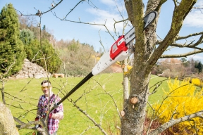 Až do výšky 4,5 metru dosáhnete s prořezávačem větví EAS 750 F, a to díky ergonomicky tvarované teleskopické násadě. (Foto Mountfield)