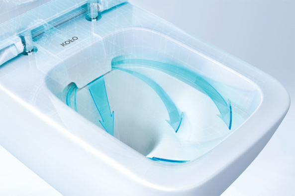 Ergonomicky tvarovaná WC mísa díky patentovanému rozdělovači posiluje proud vody a umožňuje perfektní opláchnutí mísy i při spláchnutí jen 2 litry vody. (Zdroj: Geberit)