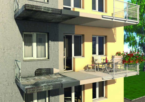 Renovace železobetonových konstrukcí balkonů, porovnání stavu (zdroj: Baumit)