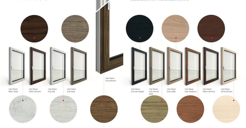 Design je aplikován na interiérovou stranu plastových profilů okenních systémů KF 410, KF 310 a KS 430 pomocí moderní technologie digitálního tisku a realisticky tak imituje materiály dřeva nebo betonu. Fotocredit: Internorm