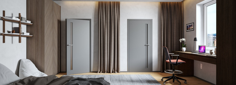 Dveře Gabreta 3 a 9 s povrchem SOLO MATRIX - STEEL GREY a sklem SATINATO. Zdroj: SOLODOOR a.s.