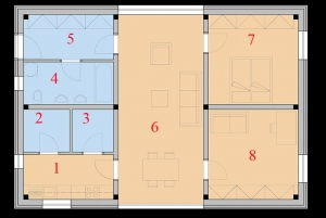 ECOpixel pro bezdětné. 1 - kuchyň, 2 - technická místnost, 3 - spíž, 4 - koupelna a WC, 5 - předsíň, 6 - obývací pokoj a jídelna, 7 - ložnice, 8 - pracovna