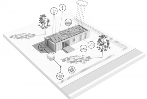 Plochá střecha se střešní vegetací umožňuje instalovat solární kolektory nebo fotovoltaické články. Tato varianta předpokládá orientaci obytné části na jih. Dešťová voda ze střechy je u všech ekologických domů ECOpixel využívána k zalévání a splachování WC