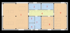 ECOpixel pro rodinu. 1 - společný obytný prostor, 2 - koupelna a WC, 3 - komora, 4 - chodba, 5 - technická místnost, 6 - WC, 7 - předsíň, 8 - ložnice rodičů, 9 - dětský pokoj