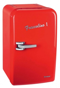 Minichladnička Frescolino (Trisa), objem 17 l, vyrábí se v červené a stříbrné barvě, možnost přepnutí na režim ohřívání do +65 °C, orientační cena 2 500 Kč (TRISA)