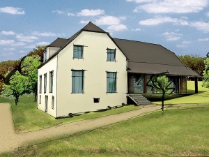 Návrh – pohled východní. Architekti zachovali tvar střechy, pálenou taškovou krytinu nahradil (CEMBRIT).