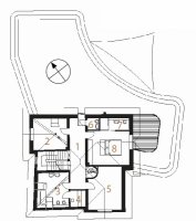 Půdorys podkroví - návrh: 1) chodba, 2) pokoj, 3) koupelna + WC, 4) sauna, 5) pokoj, 6) WC, 7) koupelna, 8) ložnice, 9) terasa.
