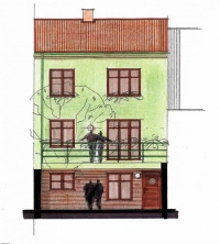 Nově navržené fasády mají nátěr v barvě kiwi a obklad z cihelných pásků. Na straně do ulice ubyla malá okna, do zahrady přibyla terasa a francouzské okno.