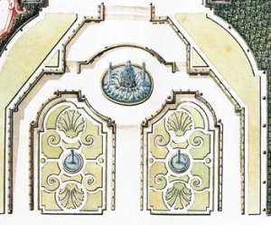Kolorovaná rytina plánu pro zahradu ve Versailles (detail).