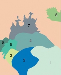 Výčet jednotlivých rostlin z tohoto záhonu najdete na schématu vpravo: 1 svatolína (Santolina chamaecyparisius), 2 rozrazil (Veronica sp.), 3 dobromysl (Origanum vulgare Nana Aurea), 4 pelyněk (Artemisia sp.), 5 bohyška (Hosta sp.), 6 bergénie (Bergenia), 7 sápa (Phlomis sp.), 8 udatna (Aruncus dioicus).