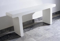 Sideboard D02 - MDF, bílý lak ve vysokém lesku (160/240 x 35/60 cm. v. 74 cm), cena 52 000 Kč.