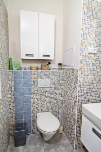 WC je umístěno v levé části koupelny. Nad klozetem se našlo místo k zavěšení dvou skříňěk.