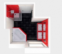 Barevnou mozaiku koupelny tvoří černá čtvercová dlažba Preto (rozměr 32,7 x 32,7 cm, cena 954 Kč/m²), velkoformátový bílý obklad Branco (32,7 x 58,6 cm, cena 911 Kč/m²) a červený obklad Vermelho (32,7 x 57,6 cm, cena 1 163 Kč/m²). Vyrábí společnost Aleluia, v České republice prodává studio Mondo ceramica.