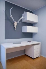 Velkým překvapením pro designéra bylo přání Václava umístit pravé paroží – netradiční dárek od přítelkyně. Designér ho „lehce“ upravil pomocí alobalu. Pracovní stůl s pojízdným kontejnerem jsou také vyrobené na míru.