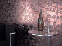 K současným trendům patří kovové povrchy. Mozaika Premium Mosaic Stone vytváří působivý dojem měděného povrchu s nádherným barevným přechodem od zlatavých do červených odstínů. Cena za set 399 Kč (SIKO Koupelny).