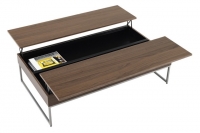 Multifunkční konferenční stolek Occa (BoConcept) s úložným prostorem, dvoukřídlý, materiál ořechová dýha a broušená ocel, rozměr 32,5 x 120,5 x 70,5/109,5 cm.