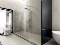 Sprchová zástěna typu Walk-in, 8 mm silné tvrzené sklo, chromová vzpěra, cena 60 790 Kč.