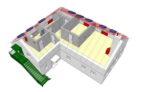 Počítačový 3D model velkorysé nástavby rodinného domu. Jako hlavní komunikační prvek slouží venkovní schodiště.