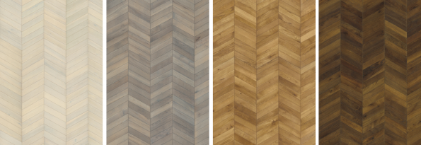 Nová kolekce podlah švédské značky Kährs - Chevron Dub (zleva): White, Grey, Light Brown a Dark Brown. (foto: KPP)