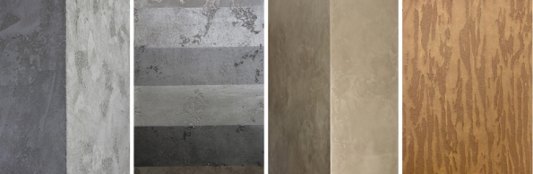 Zleva: Beton Svit, Sto BetonSvit - variace odstínů, StoColor Metallic, StoWood – struktura kůry stromu.
