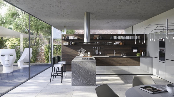 Série Forma Mentis v provedení mramorová pracovní deska a skříňky s tropickou dýhou představuje symbiózu přírody a high-tech designu. Vyrábí Valcucine, www.bdicz.cz