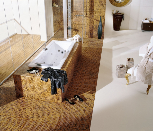 Dřevěné mozaiky Mosaici d’Asolo (zde dřevina teak) slouží k obkládání kuchyňských linek či koupelen, vytváří se z nich dekorace a podlahy. Jsou příjemné na pohled i na dotek (KPP)
