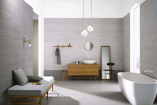 Obklad s betonovým vzhledem z kolekce Materika (Marazzi), rozměry 40 x 120 cm, www.koupelny-ptacek.cz