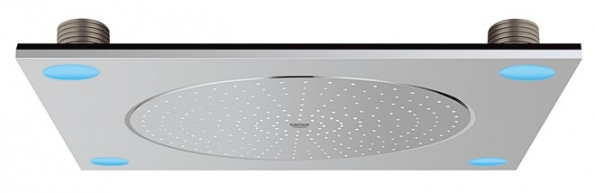 Stropní sprcha Rainshower F-Series 15“ (Grohe) se třemi proudy: Rain, Bokoma Spray, Waterfall a kombinací, rozměry 381 x 17 x 456 mm, cena 102 182 Kč (www.grohelive.cz)
