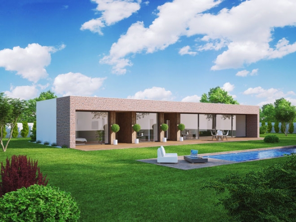 Bungalov Lukáš 23 se vyznačuje výrazným moderním designem s dominantní prosklenou fasádou. Ideálně se hodí na rovinatý pozemek s jižní orientací. (Ekonomické stavby)