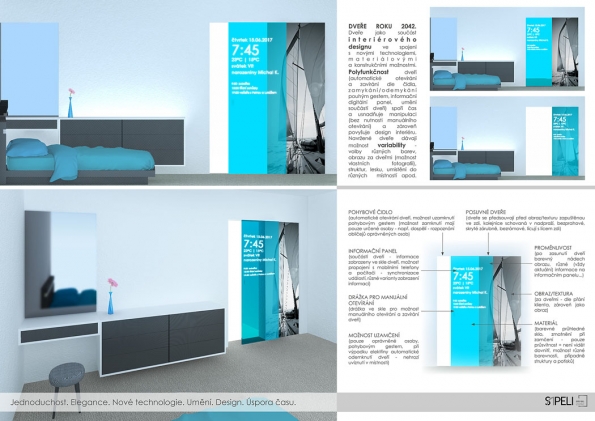 1. Pro svůj vítězný návrh polyfunkčních dveří využila Kristýna Ulrychová velmi atraktivní a moderní interiérový design, který propojila s novými technologiemi a novými materiálovými i konstrukčními možnostmi. Její polyfunkční posuvné dveře nabízejí automatické otevírání a zavírání dle čidla, zamykání/odemykání pouhým gestem, informační digitální panel, který může sloužit jako diář, zvolit můžete různé barvy stejně jako vybrat vlastní obraz za dveřmi. Dveře tak spoří čas, usnadňují manipulaci a zároveň povyšují design interiéru.
