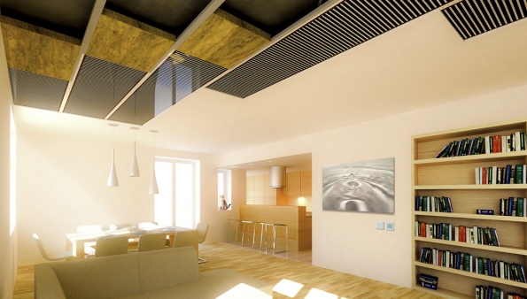 Stropní panely pracují na principu infračerveného záření. Povrchová úprava a rovnoměrné rozložení teplot zajišťují předání maximálního podílu energie formou sálání (FENIX)