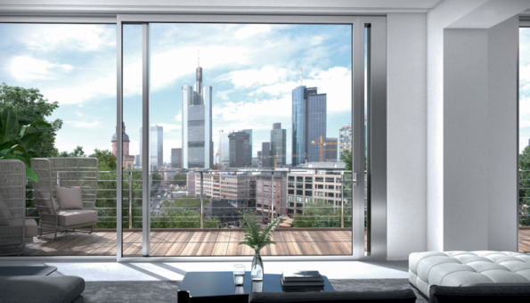 Schüco prototyp představený na BAU 2019: Posuvná jednotka ASE 80.HI Design Line je vybavena ventilačním modulem aktivně snižujícím hluk Schüco ANC (Active Noise Canceling) v pouzdře skrytém ve zdi. Když je posuvná jednotka zavřená, větrací jednotka ANC je skryta. Při větrání se rukojetí na posuvném křídle vytáhne ventilační modul ANC ze zdi. (Zdroj: Schüco CZ)