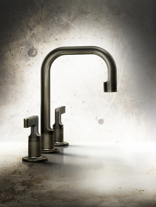 Patinovaný povrch z černého chromu a industriální dekor zdobí model Inciso, jednu z nových ikon značky Gessi.