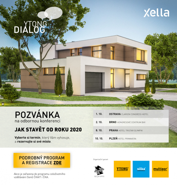 Na výstavišti v Letňanech od 17. do 21. září se představí systém Ytong spolu s dalšími značkami výrobce Xella na jubilejním 30. For Archu a nabídne materiál za speciální veletržní cenu. Odborná veřejnost se pak může setkat také v největších krajských městech, kde se v říjnu koná Ytong Dialog, zaměřený na nové normy roku 2020. (Zdroj: XELLA)