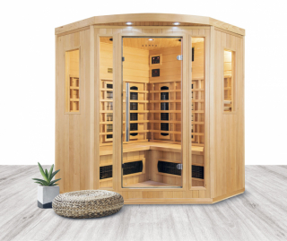 Infrasauna Salome vyniká unikátním půdorysem, který umožňuje ji situovat do rohu místnosti. Prohřátí vašeho těla zabezpečí 6 keramických topidel a 2 red-light topidla. Je tu i barevná světelná terapie s pozitivním vlivem na psychiku (MOUNTFIELD)